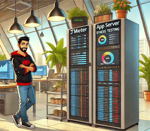 Developer standing in front of their app and testing servers showing good performance metrics.