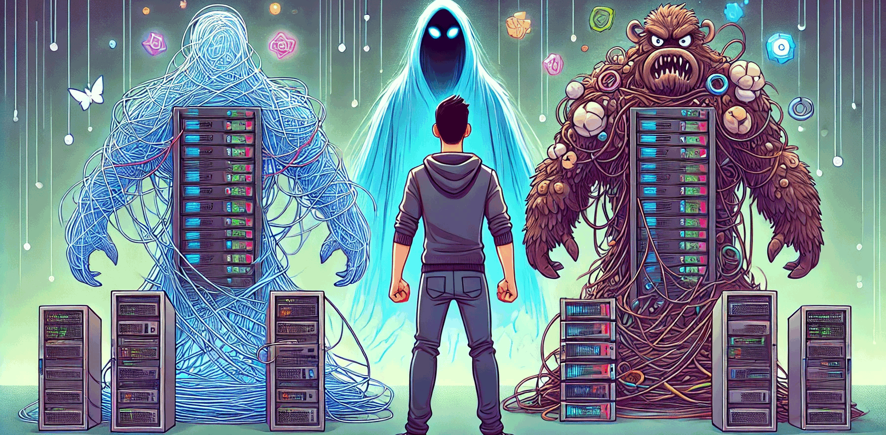 A picture of a developer standing in front of the three code smell beasts: Magic Strings, Nesting, and Bloater